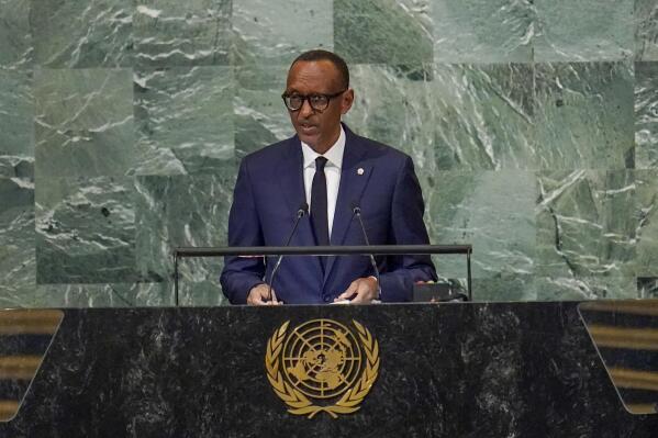 FILE — President of Rwanda Paul Kagame addresses the 77th session of the United Nations General Assembly, Wednesday, Sept. 21, 2022 at U.N. headquarters. Kagame sent his Foreign Affairs Minister Vincent Biruta to attend a summit with Congolese President Felix Tshisekedi in Angola on Wednesday, as regional leaders tried to cool tensions between the two countries amid mounting rebel attacks near their shared border. (AP Photo/Mary Altaffer, File)