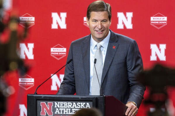 FILE -FILE - Nebraska athletic director Trev Alberts gives an update on Memorial Stadium renovations Thursday, Sept. 28, 2023, in Lincoln, Neb. Texas A&M is close to hiring Nebraska's Trev Alberts as its next athletic director, a person with direct knowledge of the negotiations told The Associated Press on Wednesday., March 13, 2024. (Chris Machian/Omaha World-Herald via AP, File)