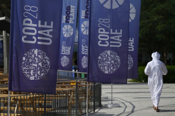 Une personne marche près des panneaux indiquant le Sommet des Nations Unies sur le climat COP28, le mardi 28 novembre 2023, à Dubaï, aux Émirats arabes unis.  (Photo AP/Peter Dejong)
