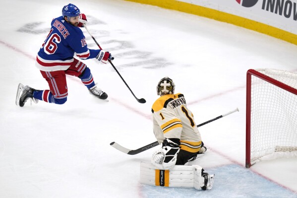 New York Rangers center Vincent Trocheck (16) watches his game-winning goal against Boston Bruins goaltender Jeremy Swayman (1) during an overtime period of an NHL hockey game, Saturday, Dec. 16, 2023, in Boston. (AP Photo/Charles Krupa)