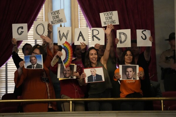 People in the gallery hold signs over the House chamber floor during a legislative session Thursday, April 25, 2024, in Nashville, Tenn. (AP Photo/George Walker IV)