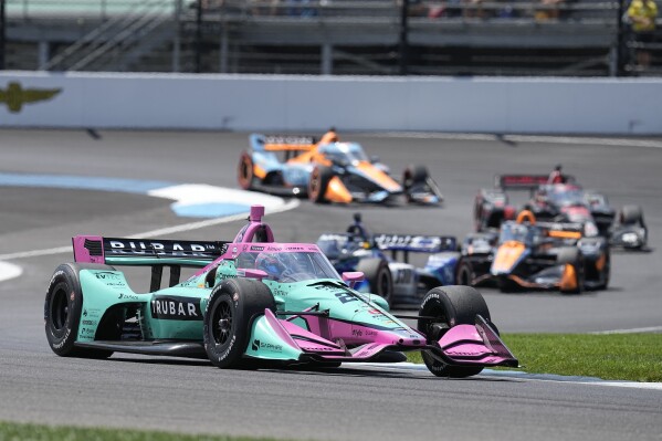Devlin DeFrancesco, of Canada, drives during the IndyCar Indianapolis GP auto race at Indianapolis Motor Speedway, Saturday, Aug. 12, 2023, in Indianapolis. (AP Photo/Darron Cummings)