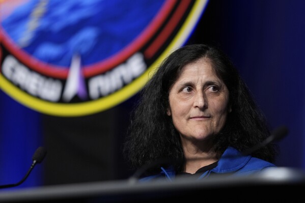 Astronaut Suni Williams talks to reporters during a press conference at Johnson Space Center on Monday, March 31, 2025, in Houston. (AP Photo/Ashley Landis)