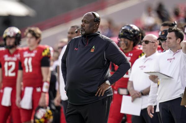 FILE - Maryland head coach Mike Locksley looks on during the first half of an NCAA college football game against Indiana, Saturday, Oct. 30, 2021, in College Park, Md. Nepotism is cited among the most significant factors that has led to Black coaches being under-represented in major college football, according to an organization working to address the problem. (AP Photo/Julio Cortez, File)