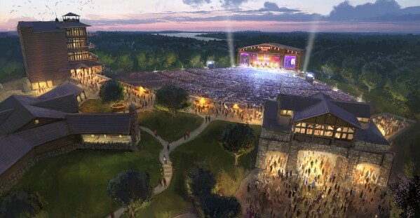 This rendering released by ASM Global shows Thunder Ridge Nature Arena in Ridgedale, Mo., built by Bass Pro Shops founder and CEO Johnny Morris. The Rolling Stones announced Thursday, May 23, 2024, that they would close out their North American Hackney Diamonds tour at the 18,000-person capacity arena. (ASM Global via AP)