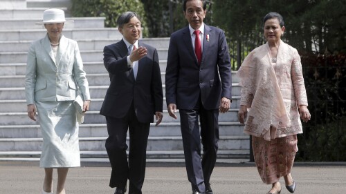 From left, Japan's Empress Masako, Emperor Naruhito, Indonesian President Joko Widodo and his wife Iriana walk to attend a tree planting ceremony during their meeting at Bogor Palace in Bogor, West Java, Indonesia, Monday, June 19, 2023. (Adi Weda/Pool Photo via AP)