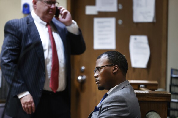 Former Memphis Police officer Justin Smith appears in a Shelby County courtroom on Monday, April 28, 2025, to stand trial for second-degree murder in the beating death of Tyre Nichols after a 2023 traffic stop in Memphis. (Mark Weber/Daily Memphian via AP, Pool)