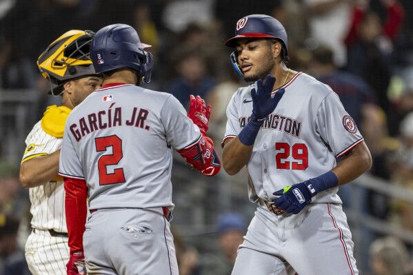 Washington Nationals' James Wood (29) celebrates his home run with Luis García Jr. (2) in the eighth inning of a baseball game against the San Diego Padres, Monday, June 23, 2025, in San Diego. (AP Photo/Tony Ding)