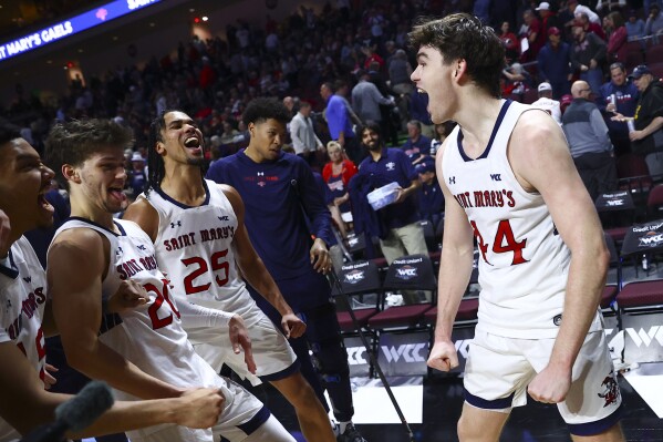 St. Mary's players celebrates after winning an NCAA college basketball game against Santa Clara in the semifinals of the West Coast Conference men's tournament Monday, March 11, 2024, in Las Vegas. (AP Photo/Ellen Schmidt)