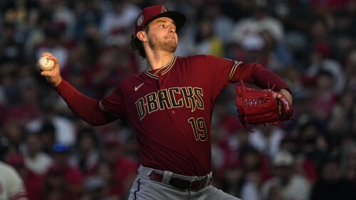 Arizona Diamondbacks starting pitcher Ryne Nelson throws to the plate during the first inning of a baseball game against the Los Angeles Angels Saturday, July 1, 2023, in Anaheim, Calif. (AP Photo/Mark J. Terrill)