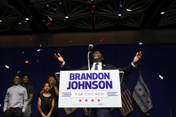 FILE - Chicago Mayor-elect Brandon Johnson celebrates with supporters after defeating Paul Vallas after the mayoral runoff election late Tuesday, April 4, 2023, in Chicago. For many progressives, the past decade has been littered with disappointments. But recent down-ballot victories are providing hope of reshaping the Democratic Party from the bottom up, rather than from Washington. (AP Photo/Paul Beaty, File)