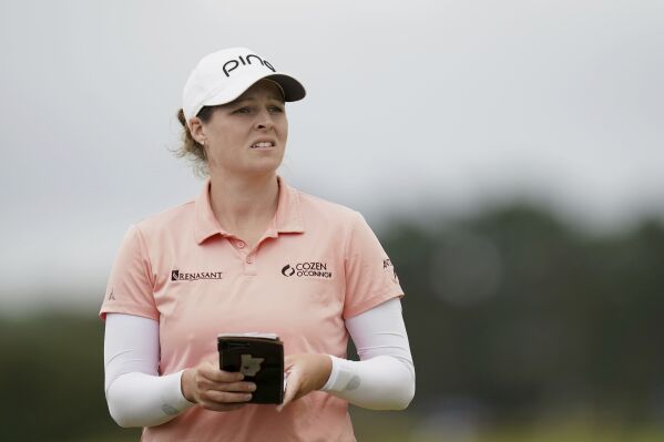 Ally Ewing of the USA on the 18th fairway during day two of the 2023 AIG Women's Open at Walton Heath, in Surrey, England, Friday Aug. 11, 2023. (John Walton/PA via AP)