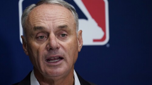 Major League Baseball Commissioner Rob Manfred speaks to members of the media following an owners' meeting, Thursday, June 15, 2023, at MLB headquarters in New York. (AP Photo/John Minchillo)