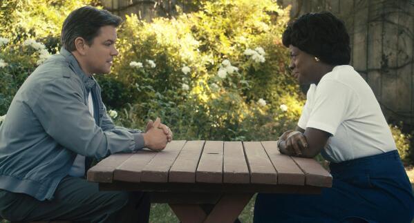 This image released by Amazon Prime Video shows Matt Damon as Sonny Vaccaro, left, and and Viola Davis as Deloris Jordan in a scene from "Air." (Amazon Prime Video via AP)