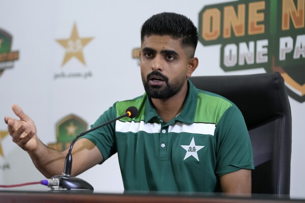 Pakistan's captain Babar Azam gives a press conference regarding team's preparation for upcoming Cricket World Cup, in Lahore, Pakistan, Tuesday, Sept. 26, 2023. (AP Photo/K.M. Chaudary)