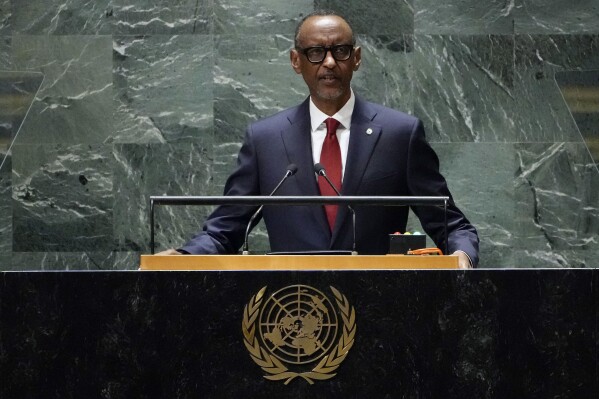 Rwanda's President Paul Kagame addresses the 78th session of the United Nations General Assembly, Wednesday, Sept. 20, 2023. (AP Photo/Richard Drew)