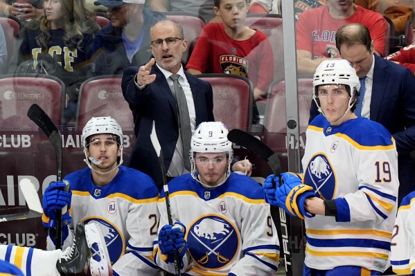 FILE - Buffalo Sabres coach Don Granato gestures during the third period of the team's NHL hockey game against the Florida Panthers, Saturday, April 13, 2024, in Sunrise, Fla. The Buffalo Sabres fired head coach Don Granato on Tuesday, April 16, making him the seventh coach to be ousted during what’s grown into an NHL-record 13-season playoff drought.(AP Photo/Lynne Sladky, File)