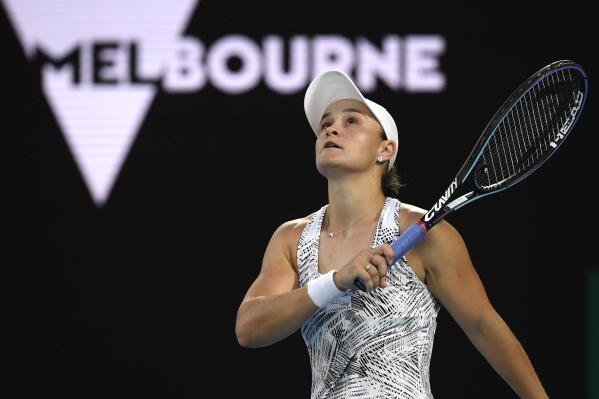 Ash Barty of Australia reacts after defeating Jessica Pegula of the U.S. in their quarterfinal match at the Australian Open tennis championships in Melbourne, Australia, Tuesday, Jan. 25, 2022. (AP Photo/Andy Brownbill)