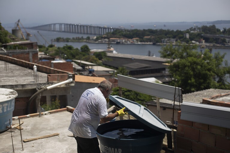 Augusto Cesar, a city worker who combats endemic diseases, inspects a water tank where mosquitoes can breed, to eradicate the Aedes aegypti mosquito which can spread dengue in the Morro da Penha favela of Niteroi, Brazil, Friday, March 1, 2024. (AP Photo/Bruna Prado)