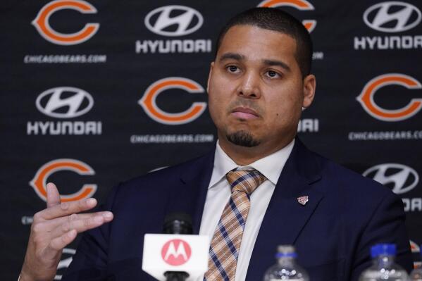 FILE - Chicago Bears new NFL football team general manager Ryan Poles speaks during a news conference at Halas Hall in Lake Forest, Ill., Monday, Jan. 31, 2022. Poles is among six general managers of color picked to fill the past 12 openings going back to early 2021. (AP Photo/Nam Y. Huh, File)