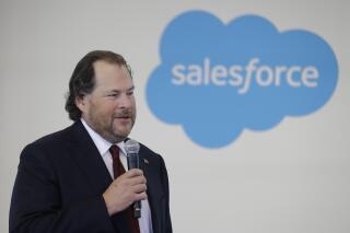 FILE - In this Thursday, May 16, 2019, file photo, Salesforce chairman Marc Benioff speaks during a news conference, in Indianapolis. Business-software company Salesforce says it will help employees leave Texas if they are worried about a new law that severely restricts abortion in the state. Benioff made his position clear by retweeting on Friday night, Sept. 10, 2021, a CNBC story describing the company's offer to help employees relocate. (AP Photo/Darron Cummings, File)