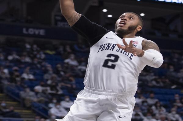 Penn State guard Myles Dread (2) lays the ball up during an NCAA college basketball game against Minnesota Thursday, Feb. 17, 2022 in University Park, Pa. (Noah Riffe/Centre Daily Times via AP)