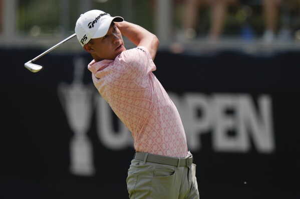 Collin Morikawa watches his tee shot on the sixth hole during the third round of the U.S. Open golf tournament Saturday, June 15, 2024, in Pinehurst, N.C. (AP Photo/Frank Franklin II)