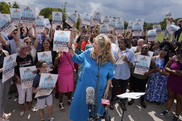 Tennessee state Rep. Gloria Johnson, D-Knoxville, center, announces her candidacy for the U.S. Senate during an event Tuesday, Sept. 5, 2023, in Nashville, Tenn. (AP Photo/George Walker IV)