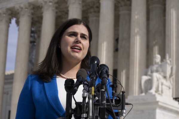 Colorado Secretary of State Jena Griswold speaks in front of the U.S. Supreme Court, Feb. 8, 2024, in Washington. (AP Photo/Manuel Balce Ceneta, File)