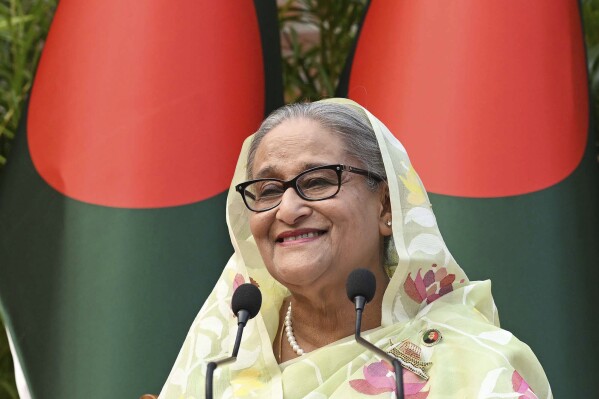 In this photograph released by Bangladesh Prime Minister's office, Prime Minister Sheikh Hasina, addresses a press conference following her election victory in Dhaka, Bangladesh, Monday, Jan.8, 2024. (Bangladesh Prime Minister's office via AP)