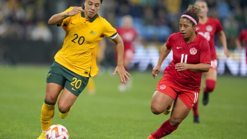 FILE - Australia's Sam Kerr, left, and Canada's Desiree Scott compete for the ball during a friendly soccer international between Canada and Australia in Sydney, Australia, Tuesday, Sept. 6, 2022. (AP Photo/Rick Rycroft, File)