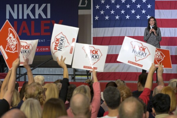 Republican presidential candidate former United Nations Ambassador Nikki Haley speaks at a campaign event in Conway, SC, on Sunday, Jan. 28, 2024.  (AP Photo/Matthew Kelly)