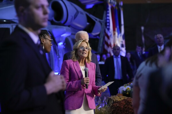 Fiirst lady Jill Biden speaks about former first lady Rosalynn Carter in Norfolk, Va., Sunday, Nov. 19, 2023. Rosalynn Carter, the closest adviser to Jimmy Carter during his one term as U.S. president and their four decades thereafter as global humanitarians, has died at the age of 96. The Carter Center said she died Sunday, Nov. 19, 2023. (AP Photo/Manuel Balce Ceneta)