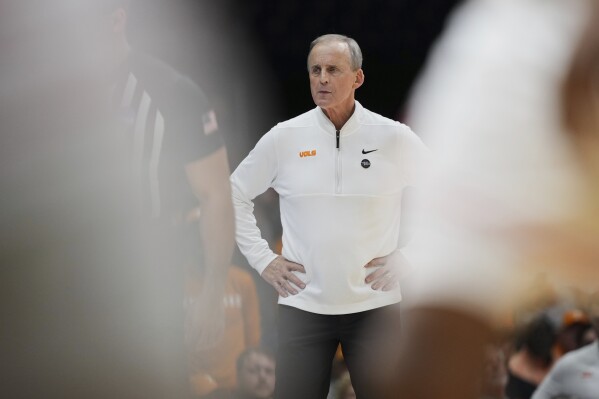 Tennessee head coach Rick Barnes is seen on the sidelines during the second half in the Elite Eight round of the NCAA college basketball tournament against Houston Sunday, March 30, 2025, in Indianapolis. (AP Photo/AJ Mast)