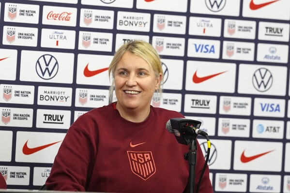 United States national women's soccer team head coach Emma Hayes jokes with reporters at a news conference before a practice to prepare for a friendly match against South Korea, Friday, May 31, 2024, in Commerce City, Colo. (AP Photo/David Zalubowski)