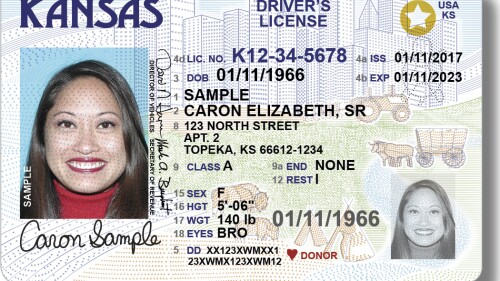 This image from the Kansas Department of Revenue shows a sample driver's license issued by the state's Division of Vehicles, first produced in June 2021. A new Kansas law will prevent transgender people from changing the listing for their sex on the license to match their gender identities. (Kansas Department of Revenue via AP)