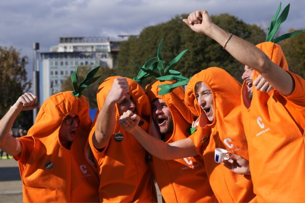 Jannik Sinner's supporters called "Carota Boys" cheer outside the Pala Alpitour before the singles tennis match between Italy's Jannik Sinner and Greece's Stefanos Tsitsipas, of the ATP World Tour Finals at the Pala Alpitour, in Turin, Italy, Sunday, Nov. 12, 2023. They鈥檝e quickly become some of the most recognizable fans in tennis. And what began as a spur-of-the-moment idea between six fans of Jannik Sinner dressed as carrots has turned into a fully sponsored globe-trotting enterprise. After first appearing at the Italian Open in May, the orange-clad 鈥淐arota Boys鈥� quickly picked up support from up support from an Italian coffee brand and were sent to support Sinner at the French Open, Wimbledon and the U.S. Open. (AP Photo/Antonio Calanni)