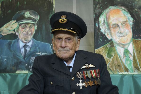 The last known Battle of Britain pilot, Group Captain John 'Paddy' Hemingway DFC celebrating his 105th birthday at the British Embassy in Dublin, Ireland, July 17, 2024. (Brian Lawless/PA via AP, File)
