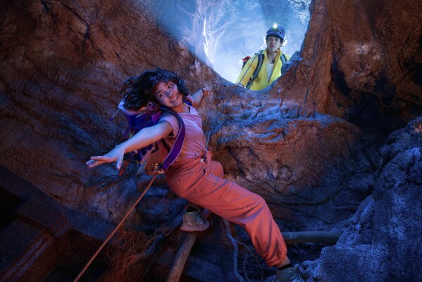 This image released by Paramount+ shows Samantha Lorainne, left, and Jacob Rodriguez in a scene from "Dora and the Search for Sol Dorado." (Pablo Arellano Spataro/Nickelodeon/Paramount+ via AP)
