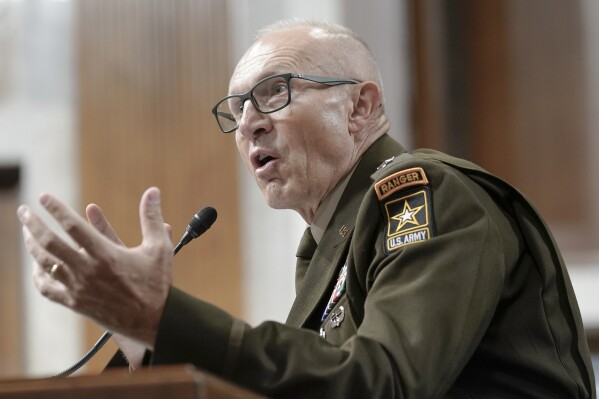 FILE - Army Lt. Gen. Randy George testifies during the Senate Armed Services Committee hearing to examine his nomination to be reappointment to the grade of general and to be Chief of Staff of the Army, July 12, 2023, on Capitol Hill in Washington. The Army is launching a sweeping overhaul of its recruiting to focus more on young people who have spent time in college or are job hunting early in their careers. The aim is to reverse years of enlistment shortfalls. (AP Photo/Mariam Zuhaib, File)