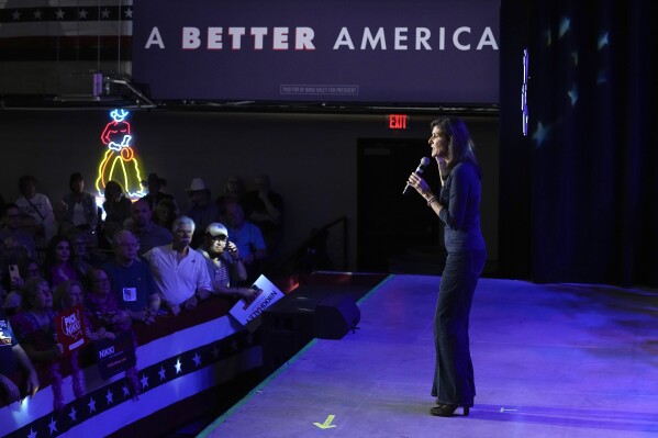 Republican presidential candidate and former United Nations Ambassador Nikki Haley comments at a campaign event in Forth Worth, Texas, Monday, March 4, 2024.  (AP Photo/Tony Gutierrez)