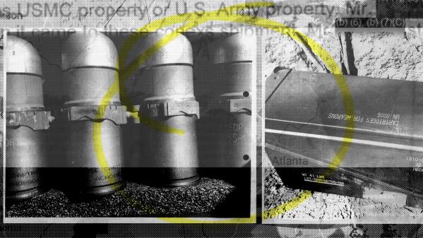 A photo illustration combining photos of grenades collected as evidence in an investigation into stolen military explosives. (AP Illustration/Nat Castañeda)