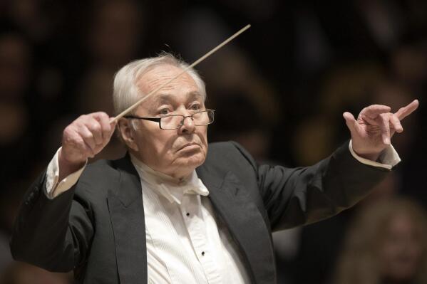 FILE - Czech conductor Libor Pesek conducts during a concert with Czech National Symphony Orchestra in Municipal House, Prague, Czech Republic, on Wednesday, January 18, 2017. Pesek, a Czech classical music conductor known for leading the Royal Liverpool Philharmonic for a decade has died. Pešek died on Sunday, Oct. 23, 2022 at age of 89, says Jan Hasenöhrl, the director of the Czech National Symphony Orchestra where Pesek was a chief conductor till 2019. (Michal Dolezal/CTK via AP, File)