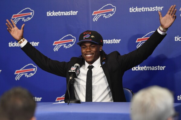 Kentucky cornerback Maxwell Hairston, the Buffalo Bills' first-round draft pick, 30th overall, speaks during an NFL football news conference in Orchard Park, N.Y., Friday, April 25, 2025. (AP Photo/Adrian Kraus)