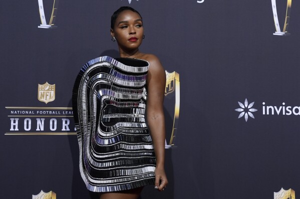 Janelle Monae poses on the red carpet at the NFL Honors award show ahead of the Super Bowl 58 football game Thursday, Feb. 8, 2024, in Las Vegas. (AP Photo/Charlie Riedel)