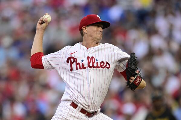 Philadelphia Phillies starting pitcher Kyle Gibson throws during the second inning of a baseball game against the Pittsburgh Pirates, Saturday, Aug. 27, 2022, in Philadelphia. (AP Photo/Derik Hamilton)