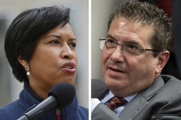 FILE - These are 2020 file photos showing District of Columbia Mayor Muriel Bowser, left, and Washington Redskins NFL football team owner Dan Snyder, right. The recent national conversation about racism has renewed calls for the Washington Redskins to change their name. D.C. mayor Muriel Bowser called the name an "obstacle" to the team building its stadium and headquarters in the District, but owner Dan Snyder over the years has shown no indications he'd consider it. (AP Photo/File)