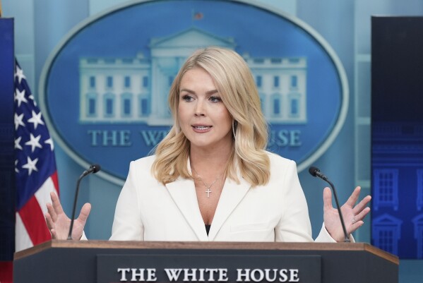 White House press secretary Karoline Leavitt speaks with reporters in the James Brady Press Briefing Room at the White House, Tuesday, April 8, 2025, in Washington. (AP Photo/Alex Brandon)