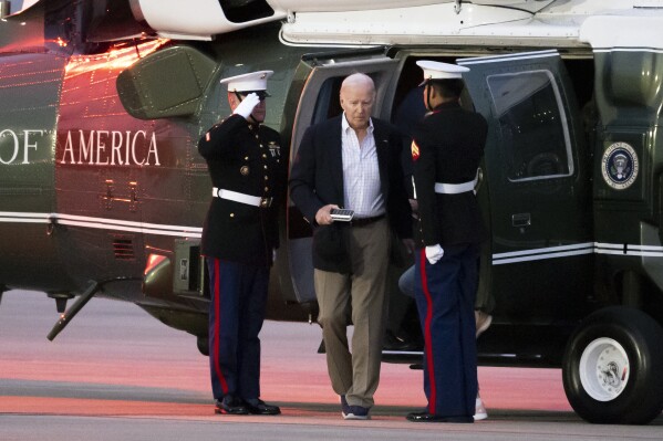 President Joe Biden arrives on Marine One at Delaware Air National Guard Base in New Castle, Del., Sunday, June 2, 2024. (AP Photo/Alex Brandon)