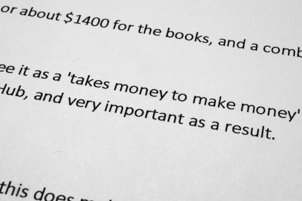 After Supreme Court Justice Sonia Sotomayor confirmed a 2017 visit to Clemson University, a faculty member, commenting on the event's higher-than-expected costs, described it as a "'takes money to make money' moment," in this email photographed on June 27, 2023. Records obtained by The Associated Press show that Supreme Court justices have attended publicly funded events at colleges and universities that allowed the schools to put the justices in the room with influential donors, including some whose industries have had interests before the court. (AP Photo/Jon Elswick)